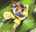 anthro beak brown_body brown_feathers claws curled_tail digivice duo eyewear feathers feral fur glasses male riding running size_difference smile tail wings yellow_body yellow_fur johnnythecheesy bandai_namco digimon avian bird digimon_(species) lamortmon monster owl