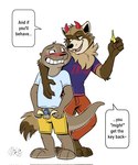 anthro balls blush bottomwear brown_body chastity_cage chastity_device chastity_key clothed clothing dialogue duo feet fur genitals holding_key holding_object horn key keyholding male male/male open_bottomwear open_clothing open_mouth open_shorts pants shirt shorts simple_background smile speech_bubble standing tail teeth text toes topwear nikraccoom felix_(nik159) nik_(nik159) mammal mustelid otter procyonid raccoon digital_media_(artwork) english_text hi_res