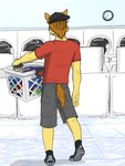 2017 anthro backwards_baseball_cap backwards_hat baseball_cap basket bottomwear clock clothed clothing container footwear fully_clothed furgonomics fuze fuzeyeen hat headgear headwear hi_res holding_basket holding_container holding_object hyena laundromat laundry laundry_basket male mammal rear_view shirt shoes shorts socks solo spotted_hyena t-shirt topwear