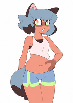 anthro belly belly_grab blue_hair bottomwear breasts clothed clothing dipstick_tail dolphin_shorts female front_view gloves_(marking) hair markings muffin_top narrowed_eyes navel open_mouth orange_body raised_clothing raised_shirt raised_topwear shirt shorts simple_background slightly_chubby slightly_chubby_anthro slightly_chubby_female small_breasts solo standing tail tail_markings tank_top topwear undershirt white_background oddity27 brand_new_animal studio_trigger michiru_kagemori canid canine mammal raccoon_dog tanuki 2026 digital_media_(artwork) hi_res portrait three-quarter_portrait