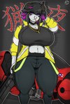 anthro big_breasts black_hair bottomwear breasts clothing facial_piercing female hair horn jacket navel nose_piercing nose_ring pants piercing purple_eyes ring_piercing shirt solo text topwear weapon white_body zak_hitsuji akira_(film) tai_(zak_hitsuji) bovid caprine goat mammal hi_res japanese_text