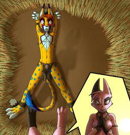 anthro bdsm blush bondage bottomwear bound breasts bulge clothed clothing dominant dominant_female duo ear_piercing female female_pov first_person_view fur grin hair hands_behind_head jewelry loincloth looking_at_viewer lying male navel necklace nipples on_back open_mouth orange_hair piercing pink_body pink_fur pink_hair smile sun topless yellow_body yellow_fur lord-kiyo dreamkeepers bobby_frederick viriathus_vayu canid canine cheetah felid feline hybrid lagomorph leporid mammal rabbit 2016 hi_res