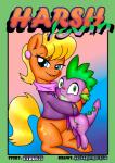2014 age_difference anibaruthecat blonde_hair blue_eyes clothing comic cover cover_art cover_page cutie_mark digital_media_(artwork) dragon duo earth_pony embrace english_text equid equine female friendship_is_magic hair hasbro hi_res horse hug looking_at_viewer male male/female mammal mature_female ms._harshwhinny_(mlp) my_little_pony mythological_creature mythological_scalie mythology older_female pony scalie spike_(mlp) tail text younger_male