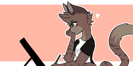 ambiguous_gender animal_ears anthro arm_tuft banner banner_image biped brown_body brown_fur cat_tail clothing drawing_tablet elbow_tuft eyeshadow female fur fuzzy green_eyes grey_eyes hair half-closed_eyes hand_on_mouth head_tuft heart_symbol holding_object long_sleeves makeup markings narrowed_eyes neck_tuft outline pink_background pointy_ears prick_ears raised_tail shirt side_view simple_background solo striped_body striped_fur striped_markings stripes tablet tablet_pen tail topwear tuft linamenlite officialcat theofficialcat domestic_cat felid feline felis mammal tabby_cat digital_media_(artwork) hi_res long_image wide_image female_(lore)