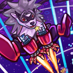 ambiguous_gender anthro arm_cannon belt bottomwear chest_tuft clothed clothing detailed_background duo feral fight flying fur grey_body grey_fur laser mask mechanical_arm pants red_eyes shooting solo_focus spread_legs spreading topless tuft ice_fire_01 bandai_namco digimon digimon_beatbreak digimon_(species) fanbeemon wolvermon 1:1 absurd_res hi_res