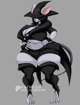 anthro anthrofied big_breasts bottomwear breasts cleavage clothed clothing coat_tails covered_eyes female fuzzy_collar hat headgear headwear hotpants huge_breasts huge_hips huge_thighs legwear magic_user shorts solo thick_thighs thigh_highs wide_hips witch witch_hat doctor_awesome bat hybrid mammal murid murine rat rodent absurd_res hi_res