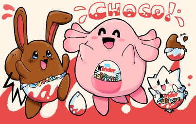 candy chocolate dessert featureless_feet featureless_hands feet food group open_mouth open_smile smile melfunnysmell kinder nintendo pokemon azumarill chansey food_creature generation_1_pokemon generation_2_pokemon pokemon_(species) togepi waddling_head hi_res