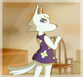 2_fingers anthro bent_arm blue_clothing blue_dress blue_eyes blue_pupils brown_inner_ear brown_nose clothed clothed_anthro clothed_female clothing dress dresser eyelashes female fingers floor fluffy fluffy_tail fur furniture hair inside light light_beam looking_back mouth_closed pupils rocking_chair short_hair solo standing sunbeam sunlight tail tan_wall wall_(structure) white_body white_fur white_hair white_tail wood wood_floor cookieboy011 animal_crossing nintendo whitney_(animal_crossing) canid canine canis mammal wolf 2021 colored digital_drawing_(artwork) digital_media_(artwork) english_description lighting shaded story story_in_description
