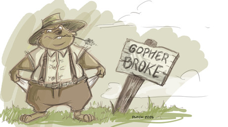 anthro belt belt_buckle bottomwear buckle buckteeth clothed clothing collared_shirt dress_shirt front_view fur grass hat headgear headwear male object_in_mouth pants paws plant shirt sign solo suspenders teeth text topwear wheat wheat_in_mouth dutch_(artist) gopher mammal rodent 2026 hi_res signature
