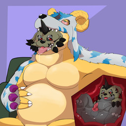 1_eye 2_horns animal_genitalia animal_penis animal_skin anthro balls belly big_belly black_body black_eyes black_fur black_horn black_nails blue_body blue_fur blush bodily_fluids colored_nails countershade_face countershade_neck countershade_scales countershade_torso countershading drooling duo eye_patch eye_patch_only eyewear fur furniture genitals green_body green_eyes green_fur green_sofa hand_on_belly horn inside internal knot male male/male multicolored_body multicolored_fur multicolored_scales multicolored_skin nails oral_vore pecs penis pink_tongue purple_background red_eyes red_tongue saliva saliva_on_tongue saliva_string scales simple_background sofa spiral_horn straight_horn striped_body striped_fur stripes substance_intoxication tongue tongue_out two_tone_body two_tone_fur two_tone_skin vore white_body white_fur x-ray_view yellow_body yellow_horn yellow_scales grenym bandai_namco digimon garabumon kushmon digimon_(species) gabumon scalie 1:1 2025 absurd_res digital_drawing_(artwork) digital_media_(artwork) hi_res