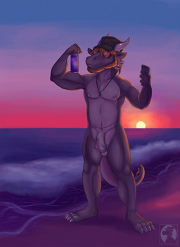 4_toes 5_fingers anthro balls beach beard bent_arm beverage_can cellphone claws clothing electronics exhibitionism eyewear facial_hair feet fingers fist flexing genitals glans grey_arms grey_balls grey_body grey_ears grey_feet grey_glans grey_legs grey_neck grey_penis grey_skin grey_tail hair hat headgear headwear holding_object holding_phone horn humanoid_hands male navel nipples outside penis phone public public_nudity sand sea seaside sky smartphone solo standing sun sunglasses sunrise tail toe_claws toes vein water wannabe_pendragon mythology rhys_(wannabe_pendragon) dragon mythological_creature mythological_scalie scalie 2020 digital_media_(artwork) hi_res shaded