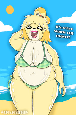 anthro bangs beach belly big_breasts bikini blonde_hair bodily_fluids breasts clothed clothing eyebrows eyelashes fat_rolls female female_anthro female_focus fur glistening glistening_body glistening_skin hair huge_breasts long_eyelashes markings mole_(marking) navel o-ring o-ring_bikini overweight overweight_anthro overweight_female pupils solo solo_focus sweat sweatdrop sweaty_body swimwear text thick_thighs two-piece_swimsuit yellow_body yellow_fur doacandy animal_crossing nintendo isabelle_(animal_crossing) canid canine canis domestic_dog mammal shih_tzu toy_dog absurd_res hi_res