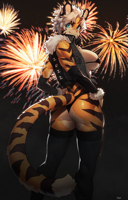 anthro arm_tuft armwear black_bra black_clothing black_panties black_underwear bra breasts butt chest_tuft clothing eyebrows eyelashes fangs female fireworks fur glistening glistening_body green_eyes hair hands_on_hips jacket legwear looking_at_viewer markings muscular muscular_female orange_body orange_fur panties short_hair shoulder_tuft side_boob smile solo striped_body striped_fur striped_markings striped_tail stripes tail tail_markings tan_body tan_fur teeth text text_on_clothing text_on_jacket text_on_topwear thigh_highs topwear tuft underwear vest white_hair pgm300 chinese_zodiac year_of_the_tiger niah_(extremedash) felid mammal pantherine tiger 2021 absurd_res digital_media_(artwork) hi_res shaded