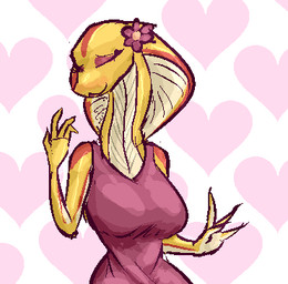 accessory anthro apode breasts clothed clothing eyes_closed eyeshadow female flower flower_in_hair hair hair_accessory heart_symbol legless makeup non-mammal_breasts pattern_background pink_background plant red_body red_scales scales serpentine simple_background snake_hood solo white_body white_scales yellow_body yellow_scales jam_(artist) x-com draconcopode naga reptile scalie snake viper_(x-com) aliasing binary_drawing digital_drawing_(artwork) digital_media_(artwork) low_res