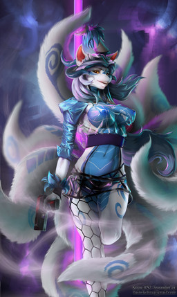 anthro breasts clothing cyberpunk dancing female fur gun holding_object holding_weapon multi_tail nipples pole pole_dancing ranged_weapon science_fiction solo stripper_pole suit tail weapon hnz cd_projekt_red cyberpunk_2077 mythology nazzarah canid dragon fox_spirit hybrid mammal mythological_creature mythological_scalie scalie 2019 digital_media_(artwork) herm_(lore)