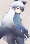 bottomwear brown_eyes clothed clothing female fully_clothed grey_hair hair handwear long_hair looking_back rear_view skirt solo standing underwear_outline hakmaidaisuki kemono_friends silver_fox_(kemono_friends) animal_humanoid canid canid_humanoid canine canine_humanoid fox_humanoid humanoid mammal mammal_humanoid 2017