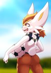 ambiguous_gender anthro ball big_butt big_ears bodily_fluids butt fur hair light open_mouth outside ponytail red_hair sharp_teeth sky smile soccer soccer_ball solo sport standing sun sunlight sweat sweatdrop tail tail_tuft teeth thick_thighs tuft white_body white_fur lunarunah nintendo pokemon cinderace generation_8_pokemon lagomorph mammal pokemon_(species) absurd_res hi_res