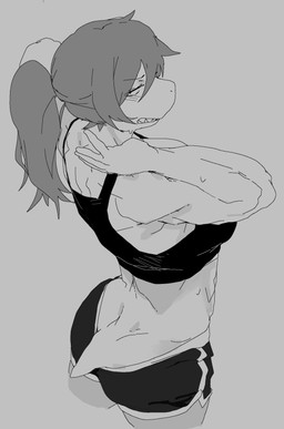 annoyed anthro athletic_wear back_dimples biceps big_breasts black_clothing black_shirt black_tank_top black_topwear blush bottomwear bra breasts butt clothing female gym_bottomwear gym_shorts hair high-angle_view looking_at_viewer looking_back midriff muscular muscular_anthro muscular_female non-mammal_breasts ponytail rear_view sharp_teeth shirt short_hair shorts side_boob simple_background solo sports_bra sportswear stretching tail tank_top teeth tomboy topwear underwear meckmeck00124 deltarune undertale undertale_(series) susie_(deltarune) dinosaur prehistoric_species reptile scalie absurd_res hi_res monochrome