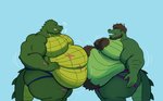 anthro belly belly_squish blue_clothing body_hair claws clothed clothing duo finger_claws green_body green_scales green_tail grin hair male obese open_mouth overweight scales scar side_view smile squish tail topless ventral_scales jeffieb19 barnes alligator alligatorid crocodilian reptile scalie absurd_res hi_res