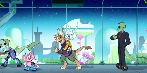 ambiguous_gender anthro antlers clothing female food fur group horn male norwegian pink_body pizza suit walking white_body white_fur cosmicartoons human_nature alien animal_humanoid aquatic aquatic_humanoid humanoid scalie hi_res