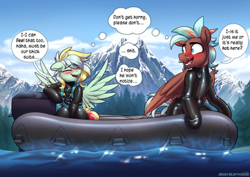 black_latex blue_hair blush body_harness brown_body brown_fur bulge covering covering_crotch detailed_background dialogue dingy duo eyes_closed facial_hair feathered_wings feathers feral fur glistening hair harness latex male mountain orange_hair reflection snow sparkles text thought_bubble water water_reflection wing_boner wings jedayskayvoker hasbro my_little_pony mythology fan_character thunder_twist equid equine mammal mythological_creature mythological_equine pegasus english_text hi_res