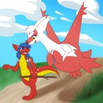 anthro backpack blue_eyes blue_hair claws cloud cute_fangs duo fangs female feral grass hair open_mouth path plant red_body scales simple_background sky stick tail teeth tongue white_hair yellow_body yellow_eyes yellow_scales shikaro nintendo pokemon saki_(kobold) generation_3_pokemon kobold latias legendary_pokemon pokemon_(species) scalie 1:1 2018 hi_res