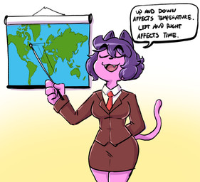 4_fingers anthro bottomwear clothed clothing dialogue earth eyes_closed fangs female fingers fur furgonomics gradient_background hair map necktie open_mouth pink_body pink_fur planet purple_hair short_hair simple_background skirt solo speech_bubble standing suit tail tail_through_skirt teeth text anaugi penny_(anaugi) domestic_cat felid feline felis mammal 2020 english_text hi_res