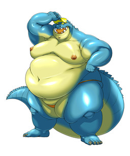 anthro belly blue_body blue_scales clothing fat_upper_pubic_area hat headgear headwear male moobs nipples overweight overweight_male scales solo speedo swimwear visor_cap j_mangi_low lifewonders tokyo_afterschool_summoners makara_(tas) crocodile crocodilian reptile scalie 5:6 hi_res