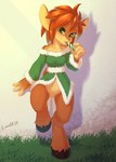2018 4_fingers activision anthro brown_body brown_fur brown_hair candy candy_cane christmas christmas_clothing clitoris clothing crombie deer dessert digital_media_(artwork) elora faun_(spyro) female fingers food fur genitals green_eyes green_outfit hair hi_res holidays hooves licking_candy looking_at_viewer mammal pussy shaded signature solo spyro_reignited_trilogy spyro_the_dragon