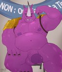 anthro armor belly big_belly big_nipples big_penis flexing flexing_bicep genitals horn humanoid_genitalia humanoid_penis male muscular muscular_male nipples nude nude_male overweight penis presenting purple_body purple_skin simple_background sitting smile solo mireikiphanie altered_beast sega neff_(altered_beast) mammal rhinoceros hi_res