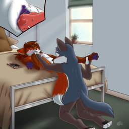 anthro bed blue_body blue_fur blush bodily_fluids brown_hair clitoris close-up controller cunnilingus duo eyes_closed female flat_chested fur furniture game_controller genital_fluids genitals hair kneeling lying lying_and_blow_position male male/female navel nipples nude on_back open_mouth oral orange_body orange_fur pawpads red_eyes sex spread_legs spreading teeth tongue tongue_out vaginal vaginal_fluids vaginal_fluids_on_tongue vulva young young_anthro young_female young_male nekostar canid canine canis fox mammal wolf 1:1 hi_res