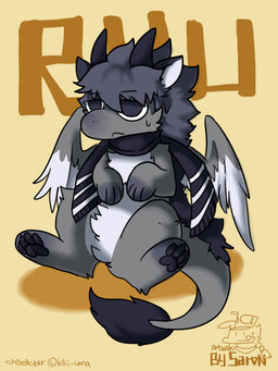 black_horn black_pawpads black_scarf cheek_tuft chibi facial_tuft feathered_wings feathers featureless_crotch front_view fur grey_body grey_fur grey_wings horn male mouth_closed narrowed_eyes pawpads scarf semi-anthro shadow simple_background sitting solo spread_legs spreading tail tail_tuft tuft white_body white_fur white_wings wings yellow_background asnnonaka mythology ryu_(kiki-uma) dragon furred_dragon furred_scalie mythological_creature mythological_scalie scalie 3:4 full-length_portrait hi_res portrait signature