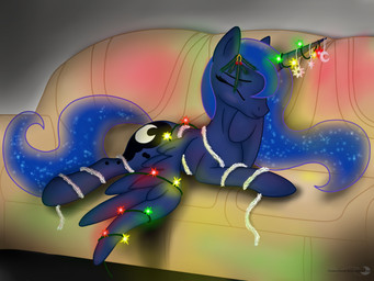 blue_body blue_feathers blue_hair christmas_decorations christmas_lights cutie_mark eyes_closed feathered_wings feathers female feral furniture hair horn long_hair quadruped royalty smile sofa solo string_lights tail tinsel wings groovebird friendship_is_magic hasbro my_little_pony mythology princess_luna_(mlp) equid equine mammal mythological_creature mythological_equine winged_unicorn 2012 4:3