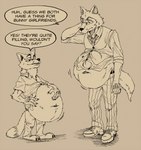 anthro barefoot bloated clothed clothing clothing_lift dialogue dialogue_box duo feet fully_inside hand_on_belly male scratching_head size_difference soft_vore text vore lordweegee64 beastars disney zootopia legoshi_(beastars) nick_wilde canid canine canis fox mammal red_fox true_fox wolf crossover english_text hi_res