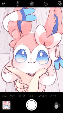:3 ambiguous_gender blue_eyes blush bow_(anatomy) duo face_squish feral fur looking_at_viewer pink_body pink_fur ribbons_(anatomy) squish taking_picture text user_interface white_body white_fur maaari_pkmn nintendo pokemon eeveelution generation_6_pokemon human mammal pokemon_(species) sylveon 2025 hi_res japanese_text