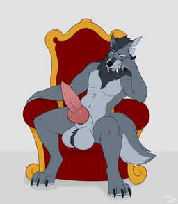 animal_genitalia animal_penis anthro ball_tuft balls big_balls big_penis canine_genitalia canine_penis chair erection fangs feet fur furniture genitals hair half-closed_eyes knot looking_at_viewer male narrowed_eyes nude penis simple_background sitting smile solo spread_legs spreading tail teeth throne toes tuft caraluca blizzard_entertainment warcraft canid canine mammal werecanid werecreature worgen absurd_res digital_media_(artwork) hi_res