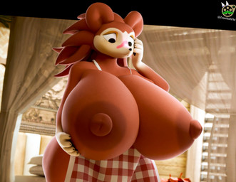 5_fingers anthro apron apron_only areola big_breasts blush breasts brown_body brown_fur brown_hair brown_nipples clothing female fingers freckled_face freckles fur hair hand_on_breast huge_breasts inside looking_at_breasts looking_down nipple_dip nipples pink_apron pink_clothing round_ears solo zennilad justasmut_(modeler) animal_crossing nintendo sable_able eulipotyphlan hedgehog mammal 3d_(artwork) digital_media_(artwork) hi_res