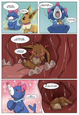 accessory ambiguous_gender ambiguous_pred ambiguous_prey asking_another blue_body blue_eyes blush border bow_ribbon brown_body brown_eyes brown_fur collar dialogue dipstick_tail duo ears_down ellipsis eyes_closed feral feral_pred feral_prey fur hair_accessory hair_bow hair_ribbon head_tuft heart_symbol hearts_around_head inside_stomach internal markings on_tongue open_mouth open_smile pink_bow pink_collar pivoted_ears ribbons ruff rumbling_stomach size_transformation smile speech_bubble swallowing tail tail_markings talking_to_another tan_body tan_fur teeth text text_box tongue transformation tuft uvula vore white_border willing_prey rainypaws nintendo pokemon eevee generation_1_pokemon generation_7_pokemon pokemon_(species) popplio artist_name comic english_text hi_res