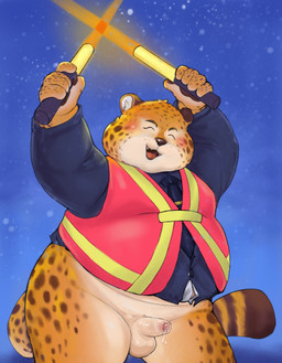 anthro balls belly big_belly blush bodily_fluids clothing eyes_closed genital_fluids genitals kemono male open_mouth outside overweight overweight_male penis precum shirt small_penis snow snowing solo standing topwear thebunslover disney zootopia benjamin_clawhauser cheetah felid feline mammal 2025 absurd_res hi_res
