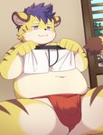 anthro asian_clothing belly blush bulge clothing east_asian_clothing fundoshi fur hair japanese_clothing male moobs navel nipples overweight overweight_male purple_hair solo striped_body striped_fur stripes underwear yellow_body yellow_fur linger9999 tamacolle kai_(tamacolle) felid mammal pantherine tiger absurd_res hi_res