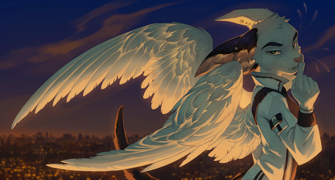 5_fingers anthro back_wings biped blue_eyes bottomwear city city_background claws clothed clothed_anthro clothed_male clothing cloud ear_piercing feathers finger_claws fingers fully_clothed fully_clothed_anthro fully_clothed_male fur grey_body grey_fur grey_tail inner_ear_fluff jacket looking_at_viewer male night outside pants piercing sky solo standing tail teeth topwear tuft whiskers white_body white_feathers white_fur white_wings wings hioshiru felid feline mammal 2025 digital_media_(artwork)