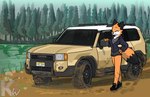 anthro clothing dirt dirty female footwear forest forest_background lake motor_vehicle mud nature nature_background plant shoes solo suv tree vehicle kangwolf toyota toyota_land_cruiser judy_reinard canid canine fox mammal red_fox true_fox absurd_res digital_media_(artwork) hi_res