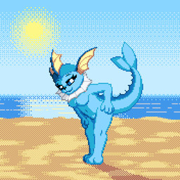 anthro anthrofied beach biped blue_body breasts day featureless_breasts featureless_crotch female female_anthro looking_at_viewer nude outside pokemorph sand sky smile solo standing tail water zeka10000 nintendo pokemon eeveelution generation_1_pokemon pokemon_(species) vaporeon 1:1 digital_media_(artwork) pixel_(artwork)