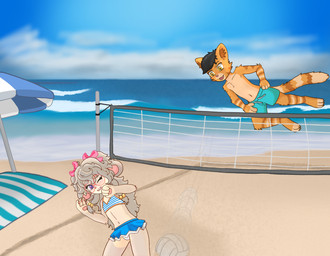 accessory anthro beach beach_towel bikini black_hair blush bottomwear brown_body brown_fur brown_hair clothed clothing curly_hair detailed_background duo eyewear female fur glasses hair hair_accessory long_hair male male/female markings multicolored_body multicolored_fur navel orange_body orange_fur purple_eyes sand sea seaside skirt sky sport stripes swimming_trunks swimwear tail towel two-piece_swimsuit two_tone_body two_tone_fur volleyball water yellow_eyes young friendzenny aire_(nyanmorris) zenny_(friendzenny) domestic_cat felid feline felis lagomorph leporid mammal rabbit tabby_cat digital_media_(artwork) hi_res