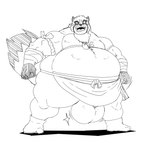 anthro balls belly big_balls big_belly bottomwear clothed clothing clothing_lift exposing fist footwear fur genitals loincloth loincloth_lift looking_at_viewer male musclegut muscular open_mouth overweight overweight_anthro overweight_male penis presenting presenting_balls raised_tail solo spread_legs spreading standing tail teeth tongue reagan700 build_tiger inari canid canine mammal raccoon_dog tanuki 2022 hi_res monochrome