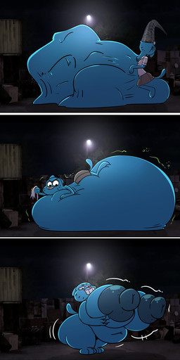 anthro belly big_belly big_butt blue_body breast_expansion breasts butt clothing death digestion duo expansion female feral fetiche huge_belly hyper hyper_belly immobile lying nude on_front overweight overweight_anthro overweight_female swallowing unwilling_prey vore wardrobe_malfunction weight_gain sachasketchy cartoon_network the_amazing_world_of_gumball nicole_watterson tina_rex dinosaur felid feline mammal prehistoric_species reptile saurischian scalie theropod tyrannosaurid tyrannosauroid tyrannosaurus tyrannosaurus_rex 2025 absurd_res comic digital_media_(artwork) hi_res