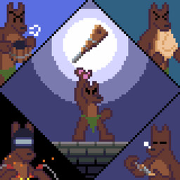 bite bottomwear brick_floor brown_body brown_fur bucket clothed clothing container countershade_torso countershading dot_eyes face_shield fur improvised_weapon loincloth loincloth_only mask pawpads pink_pawpads sigh simple_eyes sleep_bubble sparks string topless welding_mask welding_tool kawa_kir_(artist) pinscher_5d pinscher_(pinscher_5d) canid canine canis domestic_dog mammal pinscher 1:1 animated digital_media_(artwork) pixel_(artwork) pixel_animation