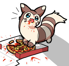 ambiguous_gender box brown_body brown_fur container dirty ears_up eating emanata facial_markings feral food food_stains fur gloves_(marking) head_markings looking_at_another looking_up markings multicolored_body multicolored_fur open_:3 open_mouth paws pizza pizza_box pupils ring_(marking) shadow simple_background solo tail tan_body tan_fur tuft white_background white_pupils plumflavor nintendo pokemon furret generation_2_pokemon pokemon_(species) 2025 digital_media_(artwork) shaded simple_shading