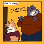 anthro blush border door duo gesture hand_gesture holidays male narrowed_eyes overweight overweight_male pointing short short_male simple_background size_difference smile snaggle_tooth suggestive suggestive_look talking_to_another text yellow_background yellow_border anukkyt thanksgiving bear black_bear canid canine canis domestic_dog mammal ursine 1:1 2023 english_text hi_res