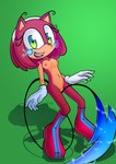 accessory anthro blush breasts clothing electricity female fur genitals gloves green_background green_eyes handwear headband nipples pink_body pink_fur pussy simple_background small_breasts pix-n-tix sega sonic_the_hedgehog_(series) sonichu_(series) fan_character rosechu_(character) eulipotyphlan hedgehog hybrid mammal absurd_res hi_res